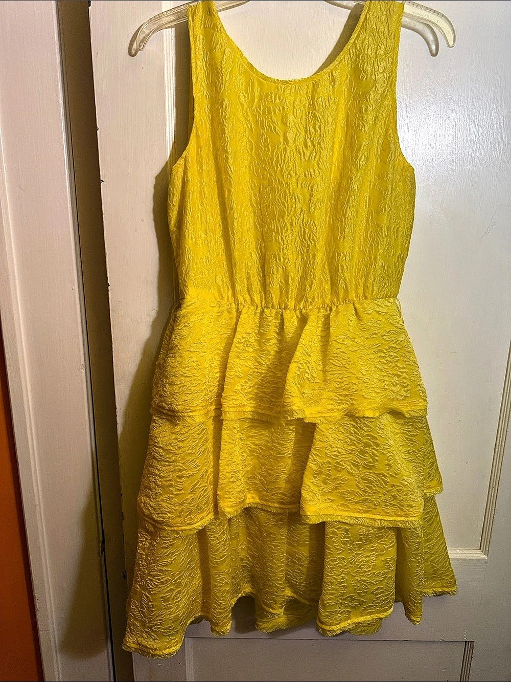BCBGMAXAZRIA Leela Jacquard Tiered Belted Dress Yellow Mini